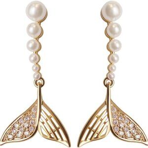 Gold Sterling Silver Dangle Pearl Mermaid Tail Earrings with Cubic Zirconia - El